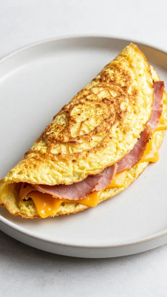 fluffy ham and cheddar omelet on ceramic plate
