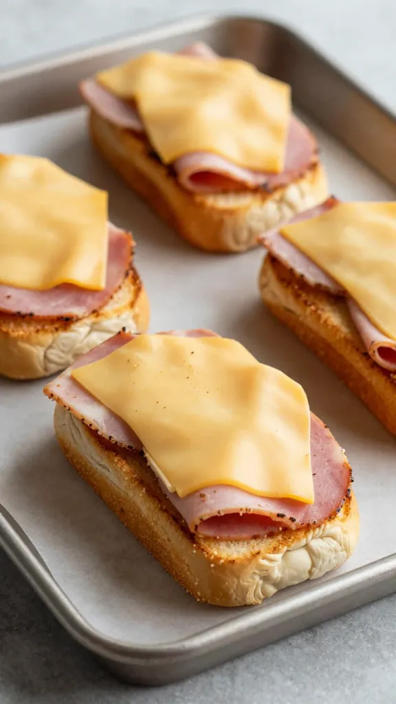 toasted ham and Swiss sliders on baking tray