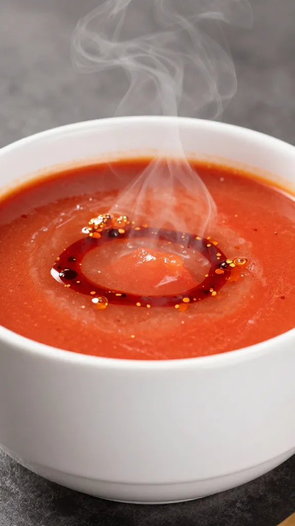 steaming tomato soup in white bowl, chili oil drizzle