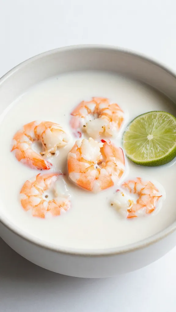 coconut milk soup with shrimp and lime, ceramic bowl