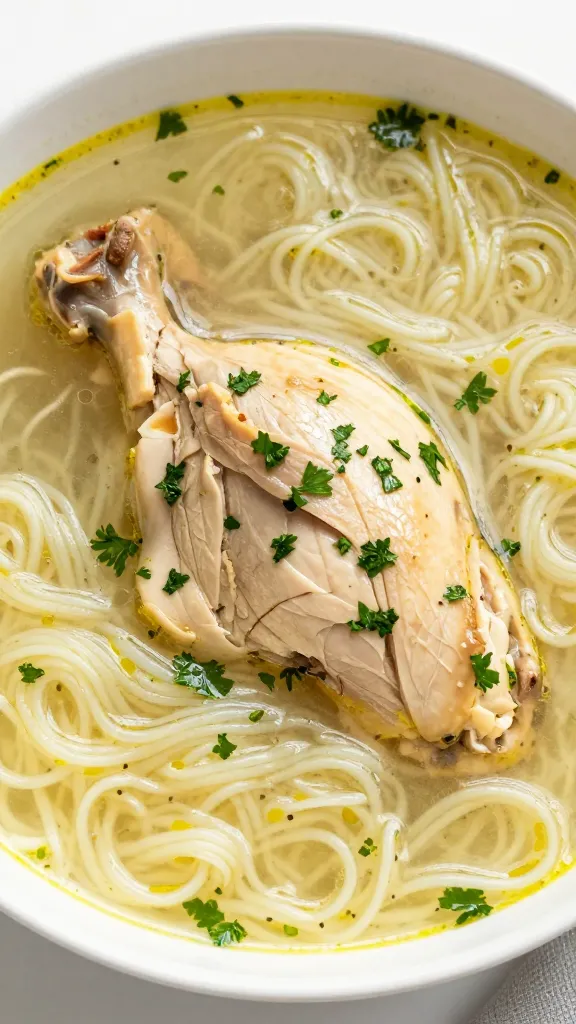 rotisserie chicken noodle soup, parsley finish, shallow dish