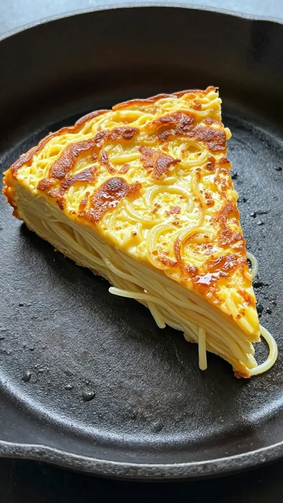 leftover spaghetti frittata slice on cast-iron pan
