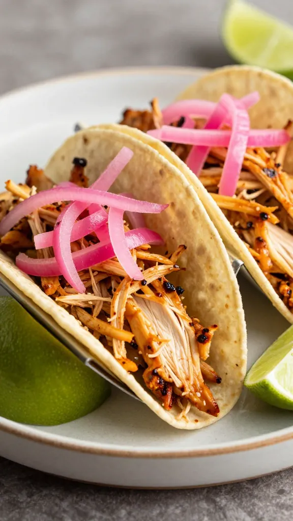 shredded roast chicken tacos with pickled onions, lime wedges