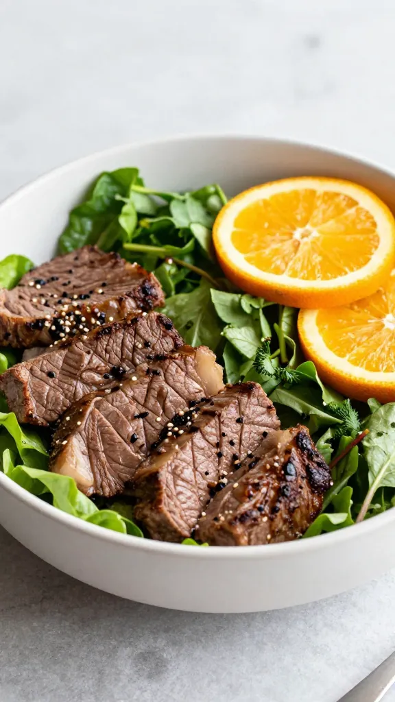salad bowl with reheated steak, fresh herbs, citrus