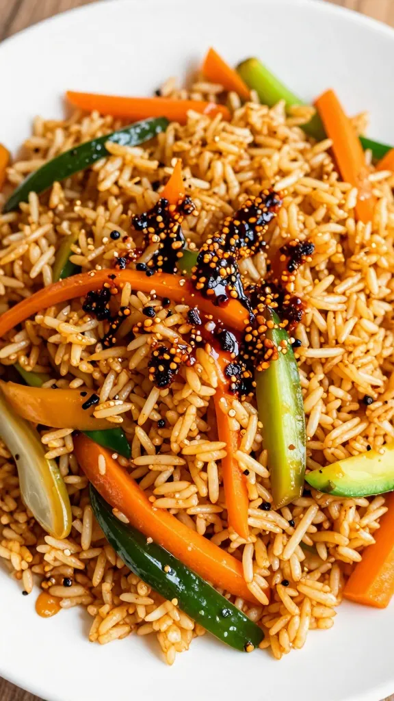 fried rice with mixed veggies, drizzle of crispy chili oil
