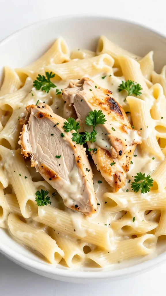 Creamy rotisserie chicken pasta in white bowl, parsley garnish