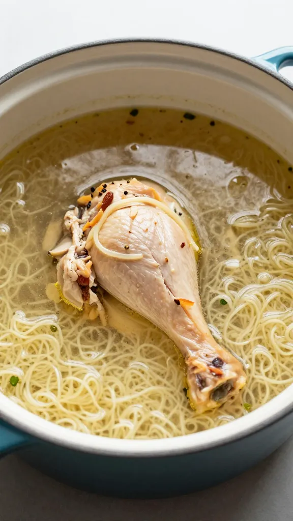 Leftover rotisserie chicken noodle soup in enamel pot