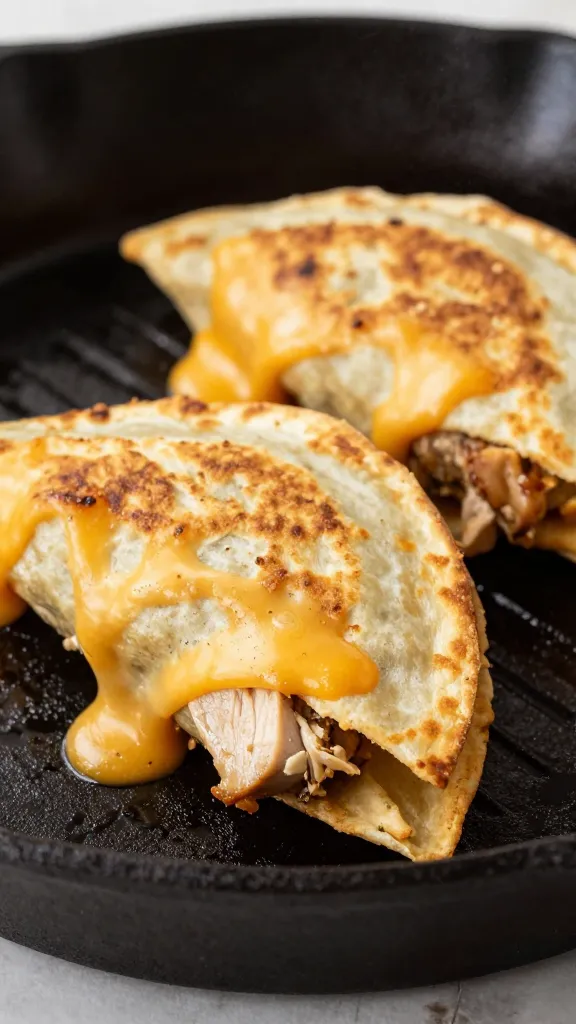 Rotisserie chicken quesadillas on cast iron skillet, melted cheese