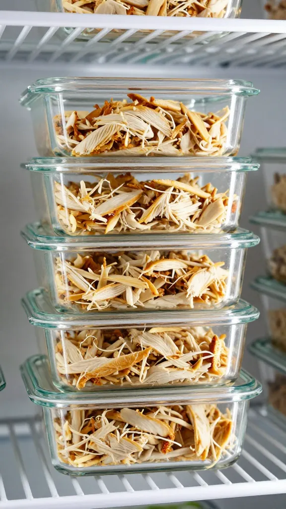 Meal-prepped shredded chicken in glass containers, fridge shelf shot