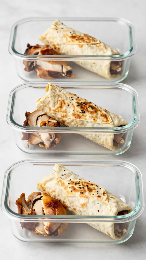 Leftover roast chicken wraps in glass meal-prep containers