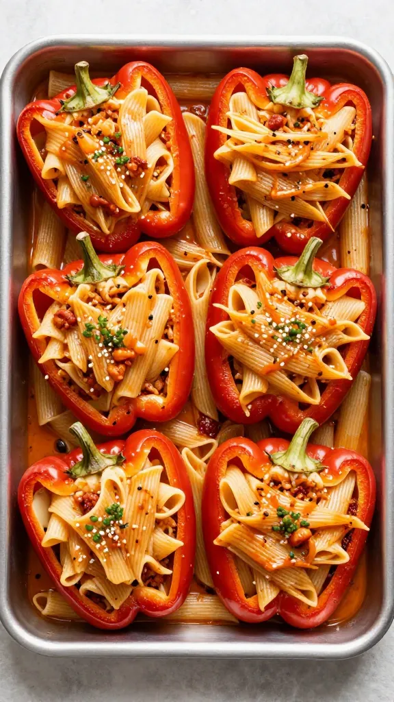 Pasta bolognese transformed into stuffed peppers on tray