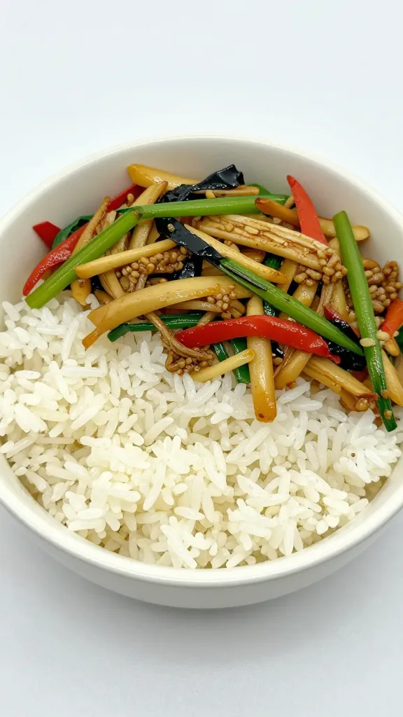 Rice bowl from last-night stir-fry, neatly portioned