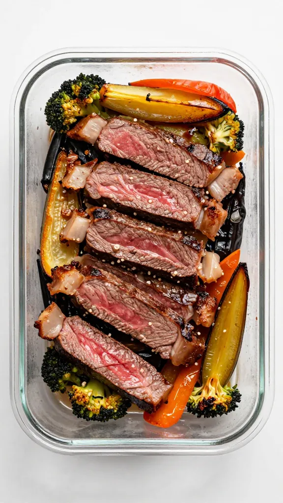 Sliced steak over leftover roasted veggies, sealed container