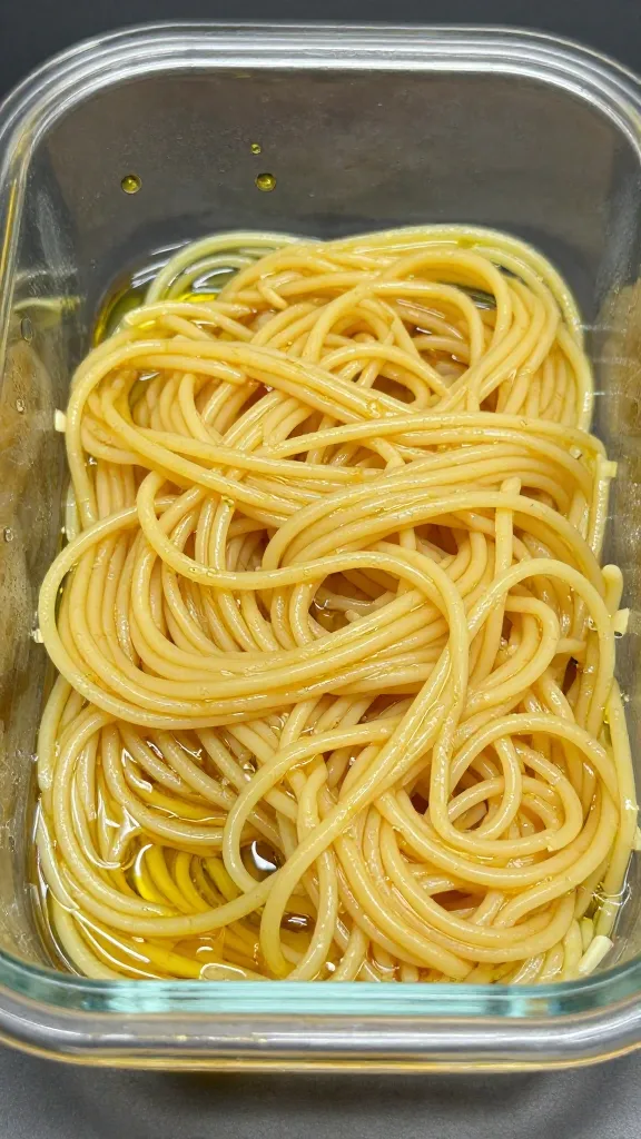 leftover spaghetti in airtight container, olive oil glistening