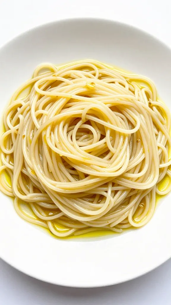 plain noodles tossed with olive oil on white plate