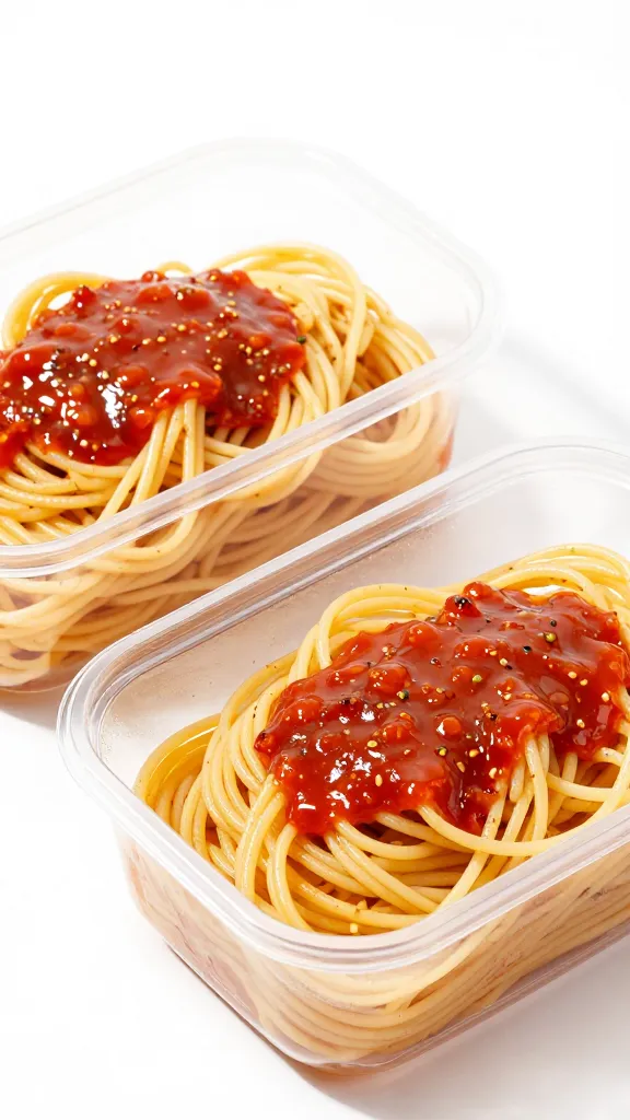 sauced and unsauced spaghetti in separate clear containers