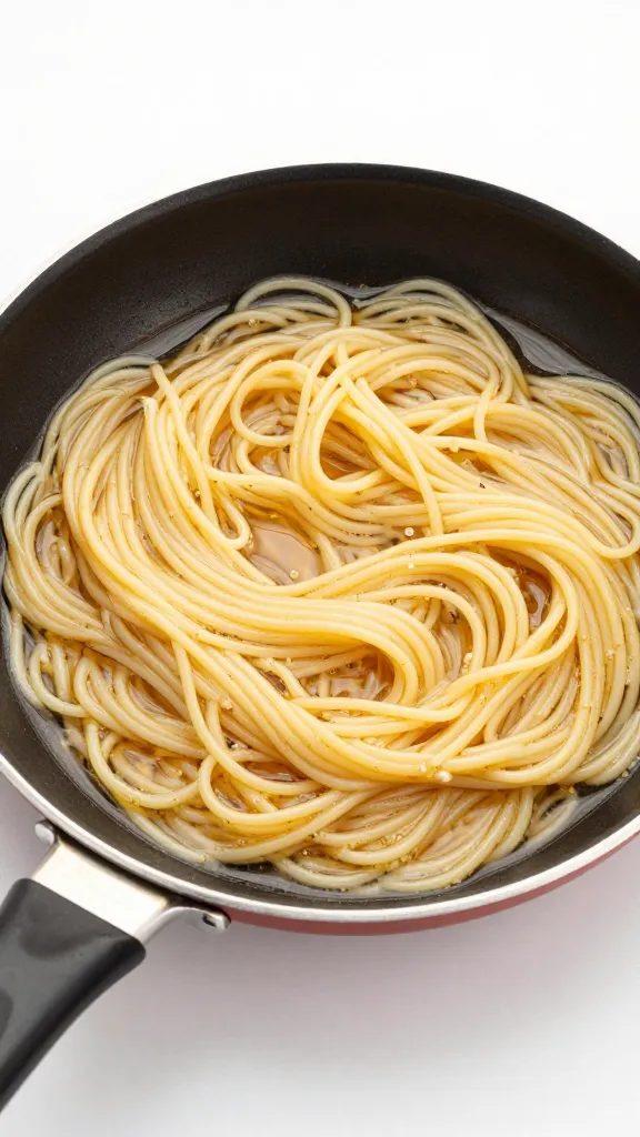 reheating spaghetti in skillet with splash of broth