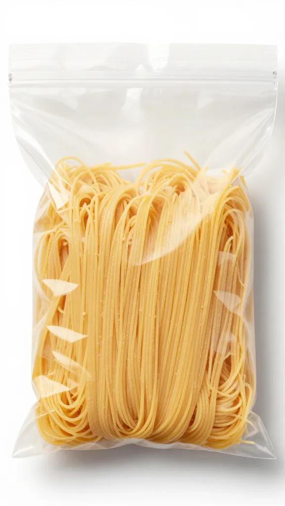 frozen cooked spaghetti in labeled freezer bags, air squeezed out