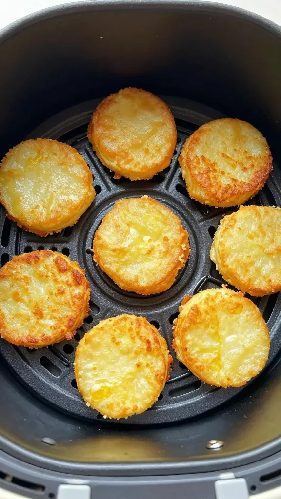 Crispy potato cakes in air fryer basket, overhead