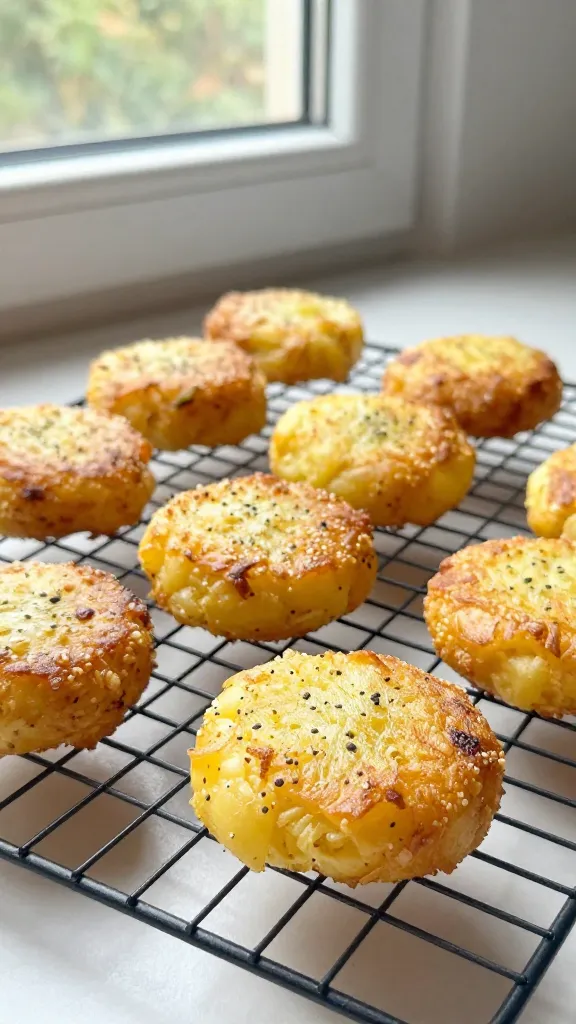 Golden potato cakes on cooling rack, natural window light