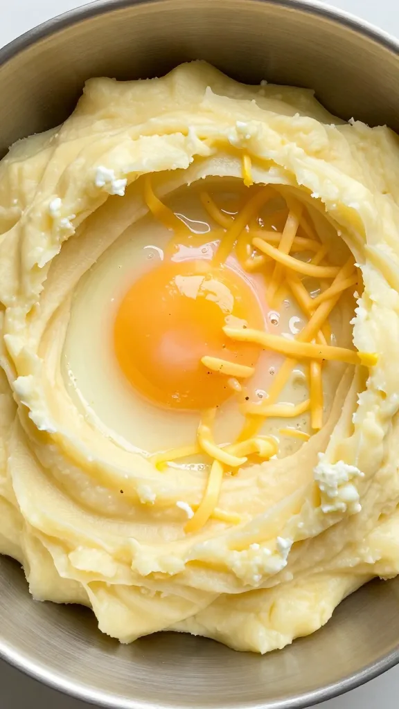 Mashed potato mixture with egg and cheese in bowl