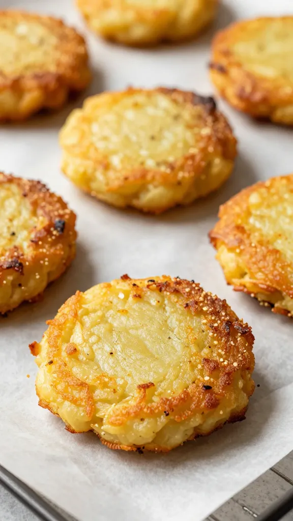 Potato cakes with crunchy edges on parchment, close-up