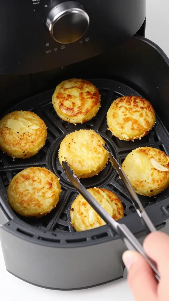 Reheating potato cakes in air fryer, hand holding tongs