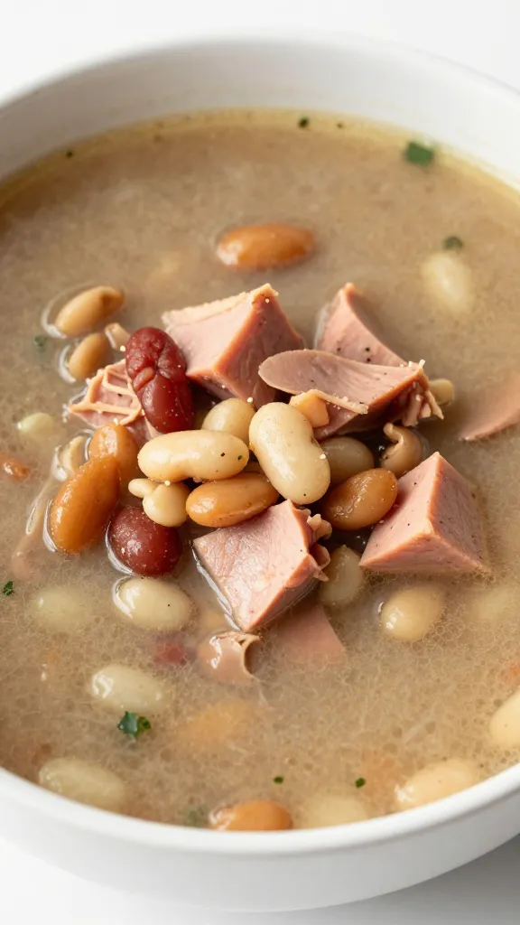 Crockpot ham and bean soup in white bowl