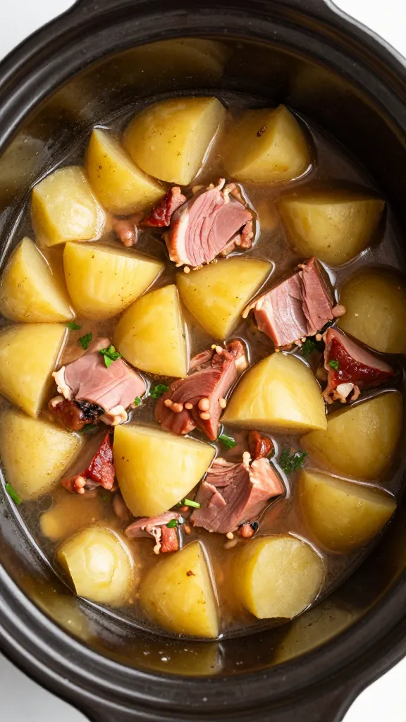 Slow cooker ham and potato stew overhead