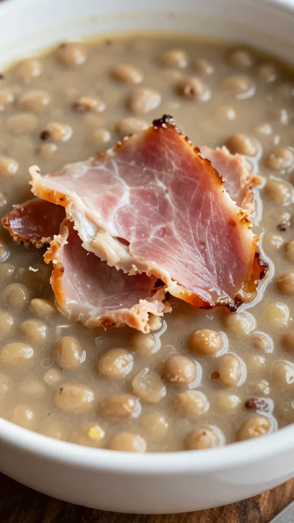 Leftover ham and split pea soup close-up