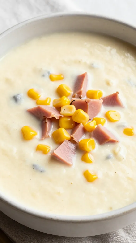 Creamy ham and corn chowder in rustic bowl