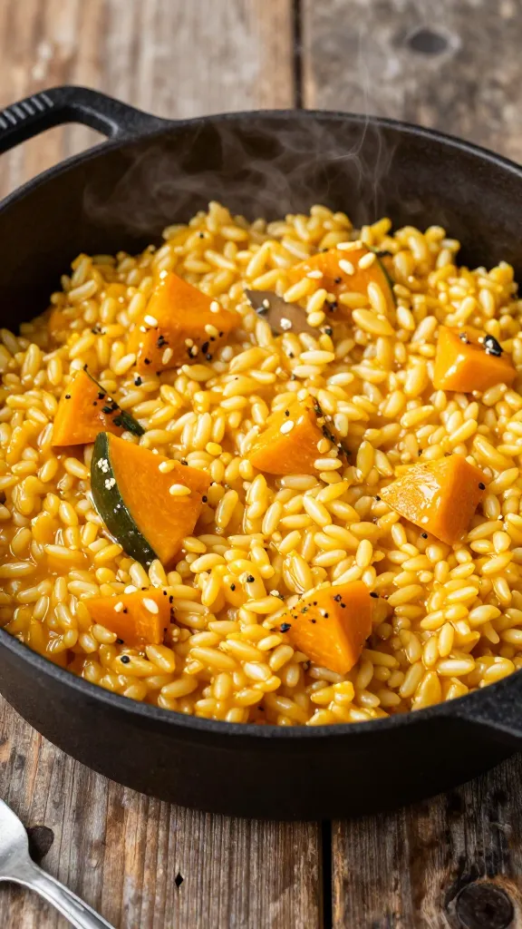 cast iron pot of pumpkin risotto, steaming, rustic table