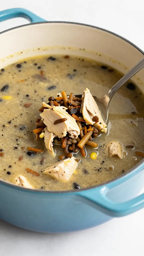 chicken and wild rice soup in enamel dutch oven, ladle