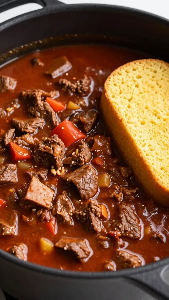 beef chili simmering in black stockpot, cornbread beside