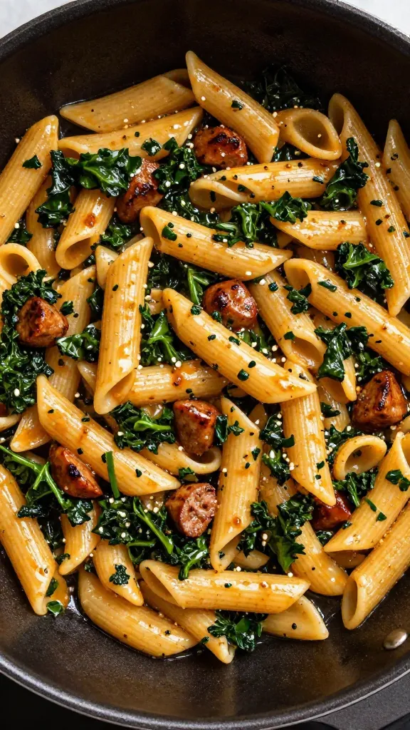 one-pot sausage and kale pasta, glossy sauce, overhead