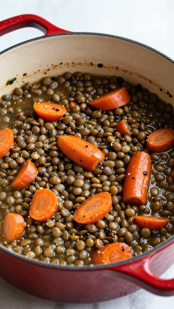 lentil stew with carrots in red Dutch oven, natural light