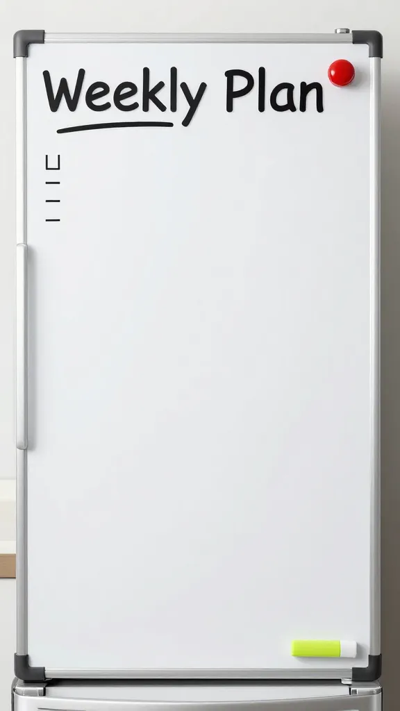 Weekly meal plan on fridge whiteboard, magnetic markers