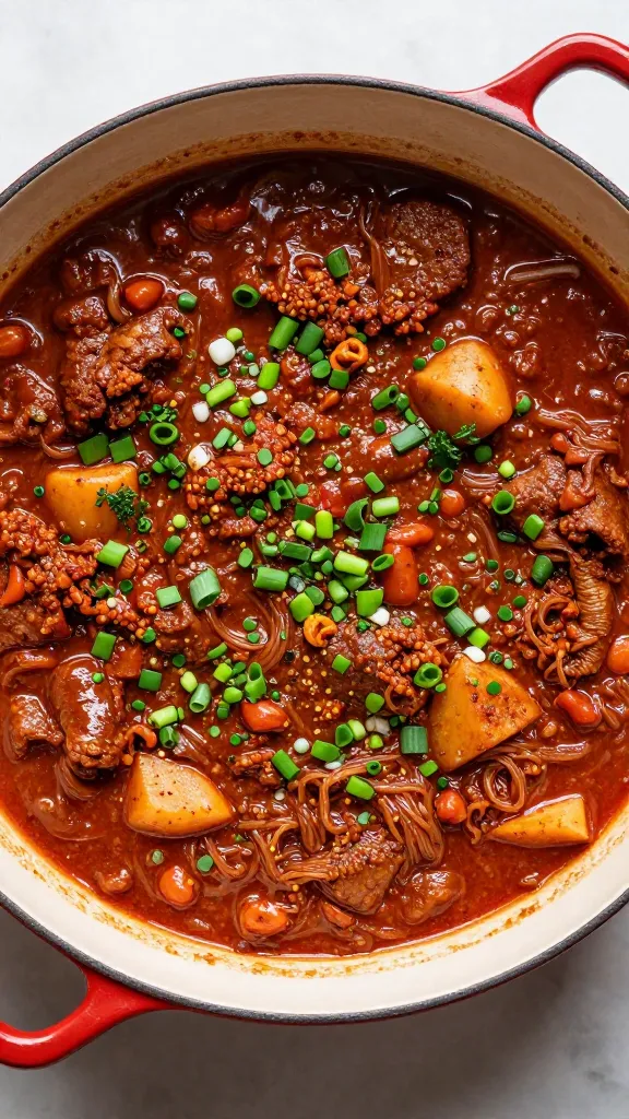 Big batch chili in Dutch oven, garnish, overhead shot