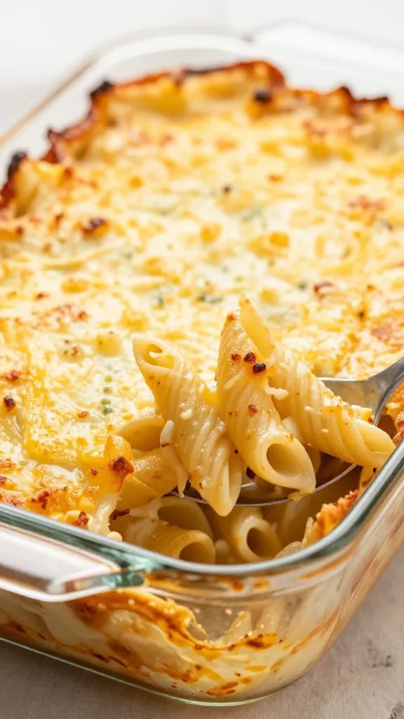 Pasta bake in glass casserole, golden cheese, trivet