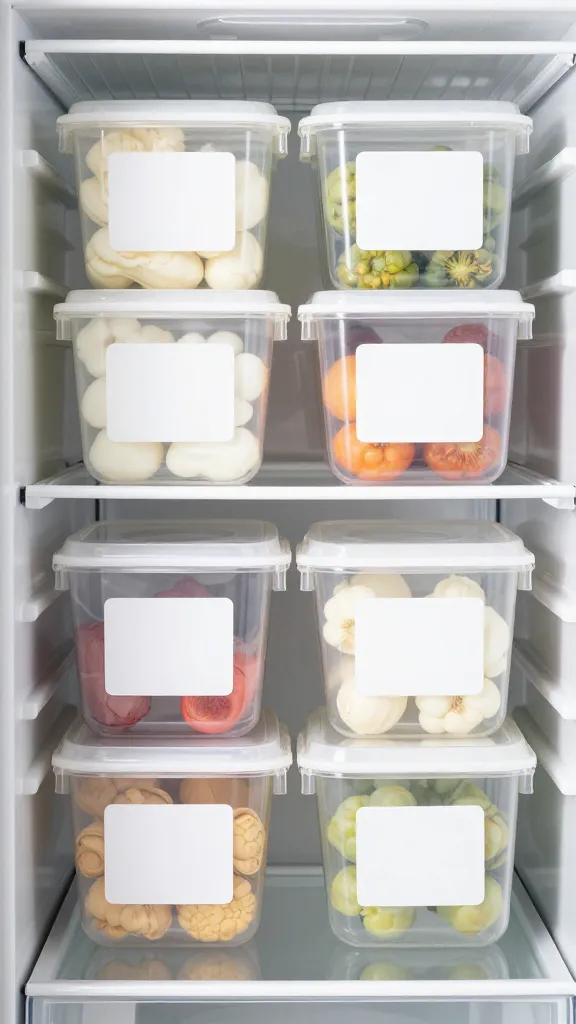 Leftover containers labeled by day, neatly stacked fridge shelf