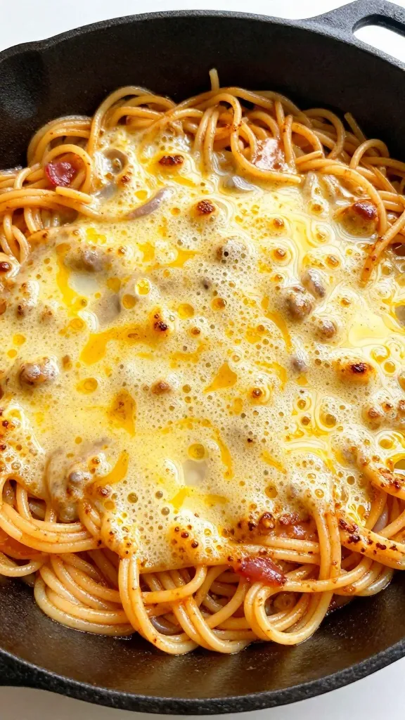 bubbly leftover spaghetti casserole in cast-iron skillet