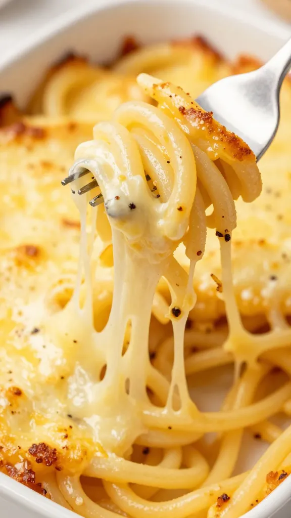 fork twirl of cheesy spaghetti casserole, melty mozzarella strings