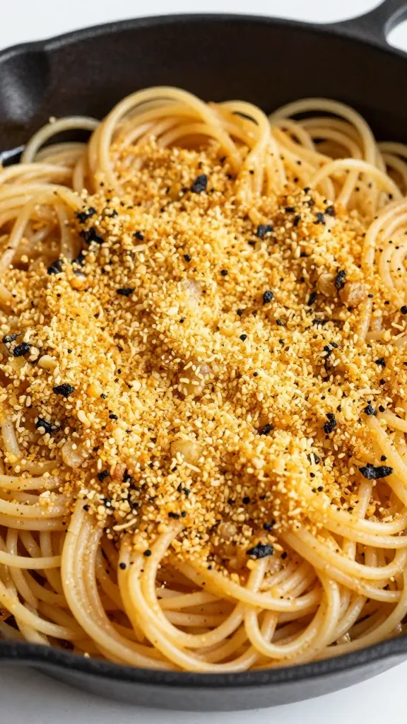skillet spaghetti casserole topped with golden breadcrumbs
