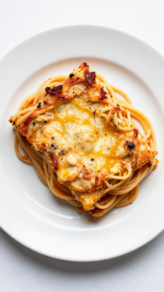 overhead slice of spaghetti casserole on white plate