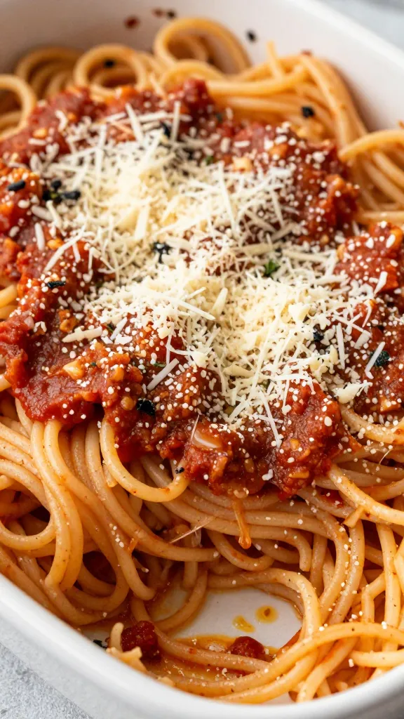 pantry spaghetti casserole with jarred marinara and parmesan