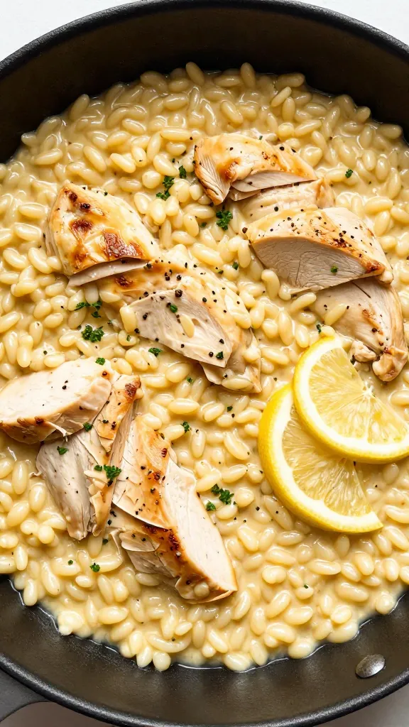creamy lemon garlic chicken orzo in skillet, overhead