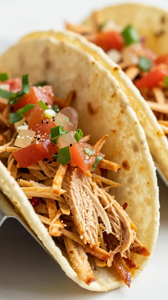 shredded leftover chicken tacos with salsa, close-up