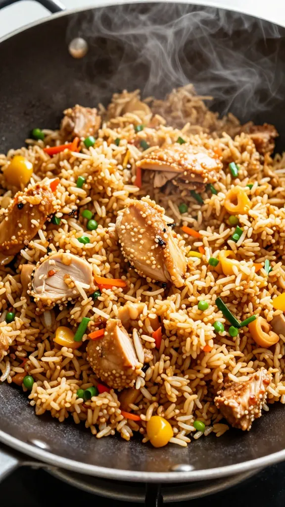 chicken fried rice in wok, steam rising