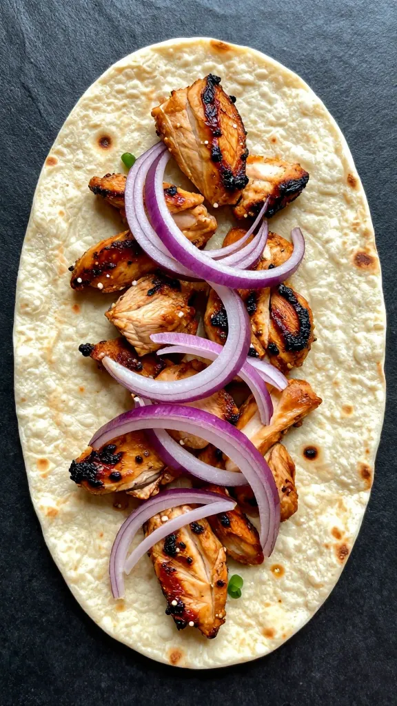 barbecue chicken flatbread with red onions, top-down