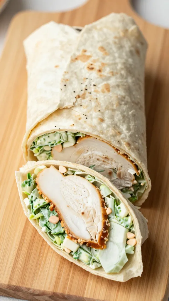 chicken Caesar wrap sliced on board, natural light
